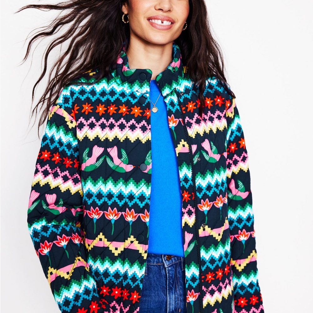Boden Navy Multicolor Quilted Floral Puffer Jacket